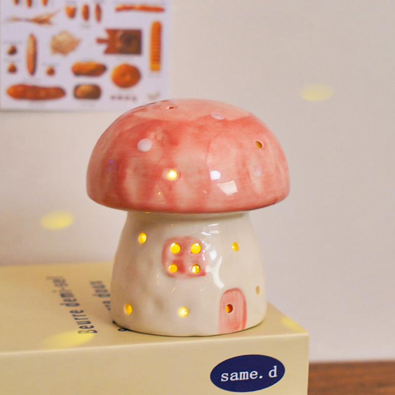 Fairy Mushroom House Ceramic Night Light - Hand-Painted LED Lamp