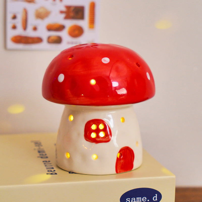 Fairy Mushroom House Ceramic Night Light - Hand-Painted LED Lamp