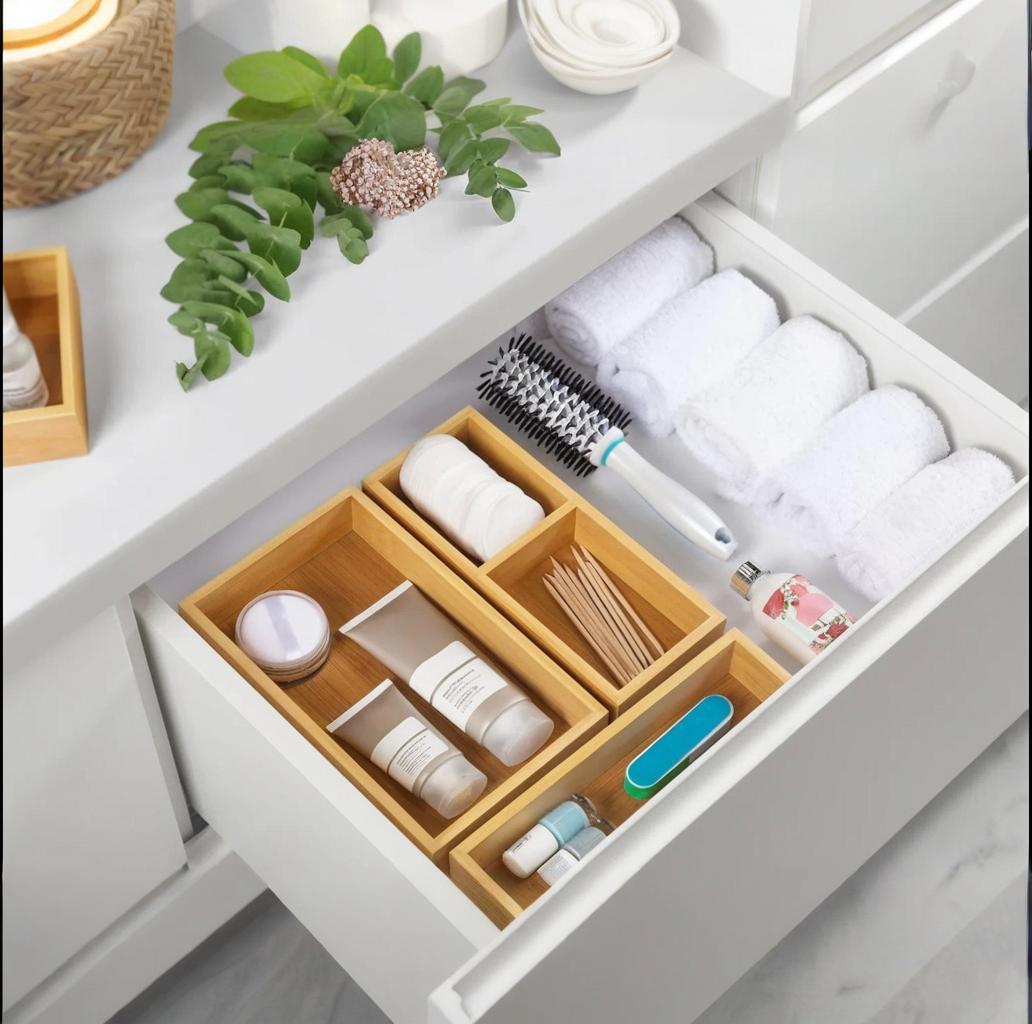 Bamboo drawer organizer storage box set, multi-purpose drawer organizer, suitable for kitchen, bathroom, and cosmetics