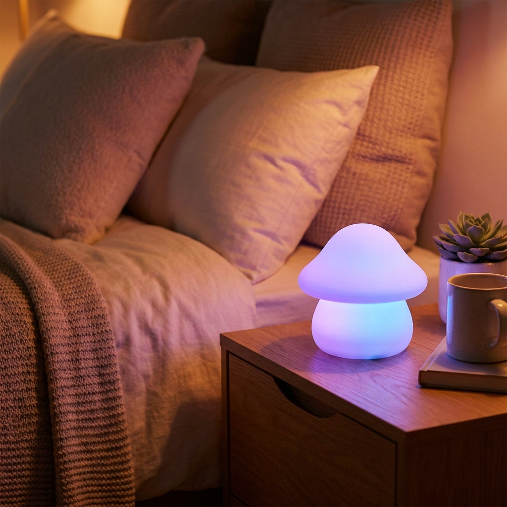 Glow Buddy silicone mushroom night light glowing on a bedroom nightstand