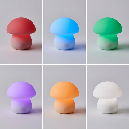 Glow Buddy mushroom night light shown in six RGB color modes