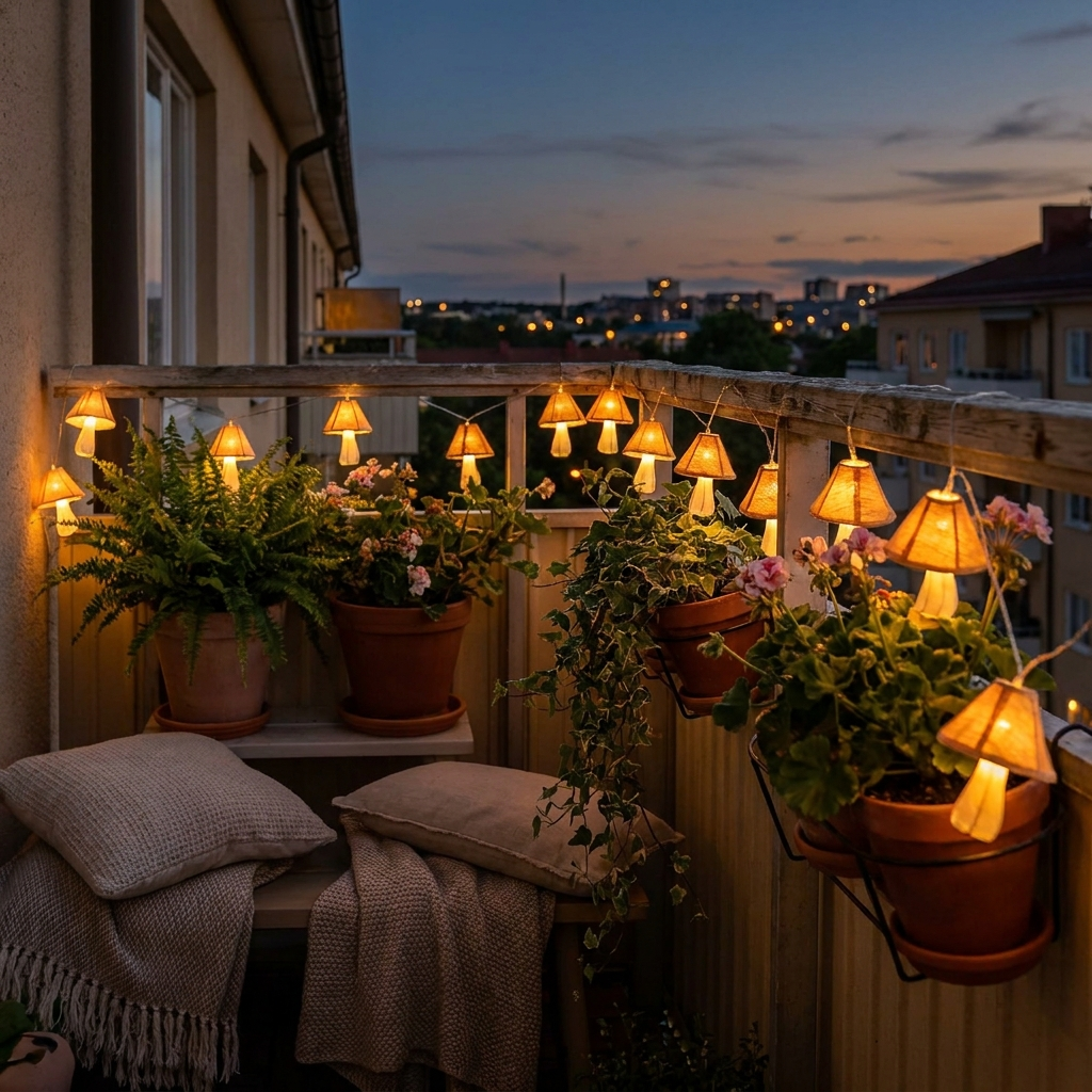 Mushroom fairy string lights glowing on a balcony railing at dusk