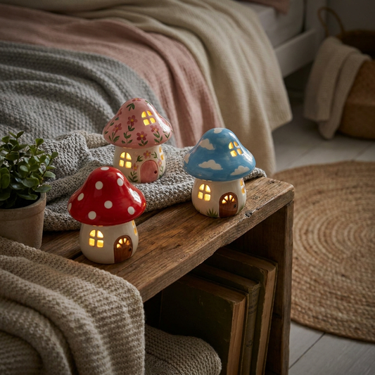 Three ceramic mushroom house night lights displayed together on a shelf